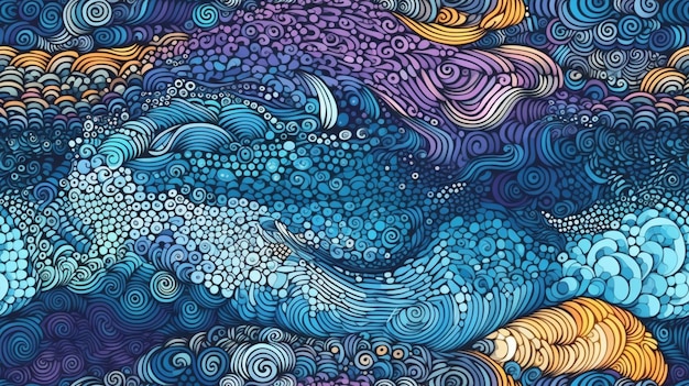 Une illustration colorée d'une baleine avec un fond bleu.