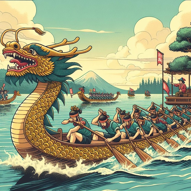 Photo une illustration colorée d'un bateau dragon avec des gens ramant dans l'eau