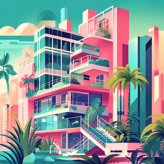 une illustration colorée d'un bâtiment avec des palmiers et un balcon.