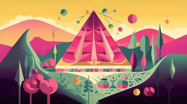 Une illustration colorée d'un bâtiment avec un toit en forme de pyramide.