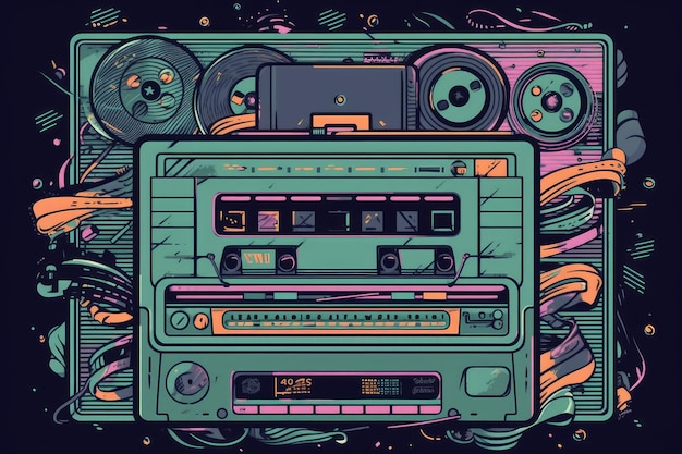 Une illustration colorée d'une boombox avec un lecteur de cassettes à l'avant.