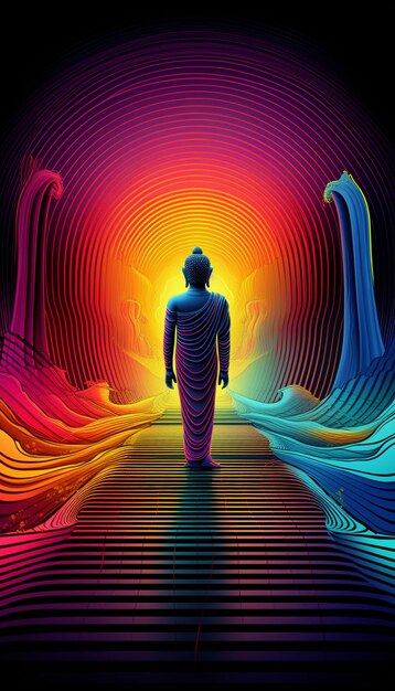 Une illustration colorée d'un bouddha debout devant un fond de couleur arc-en-ciel.