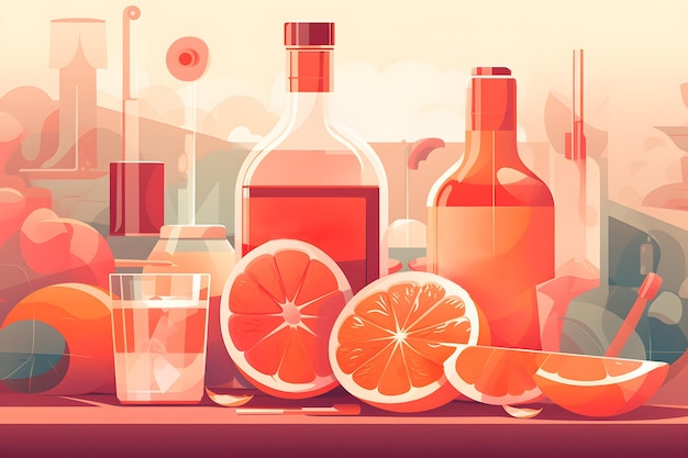 Une illustration colorée d'une bouteille d'alcool avec des oranges et des pamplemousses