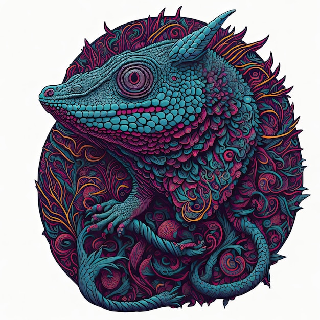 Une illustration colorée d'un caméléon avec une grosse tête et une grande feuille au centre.