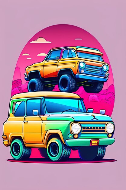 Une illustration colorée d'un camion jeep jaune et vert avec les lettres xj sur le devant.