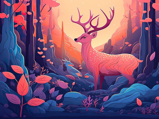 Une illustration colorée d'un cerf avec une belle illustration d'art numérique de fond