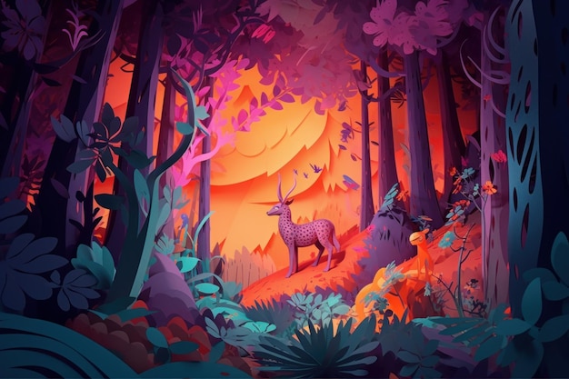 Une illustration colorée d'un cerf dans une forêt avec un coucher de soleil en arrière-plan.