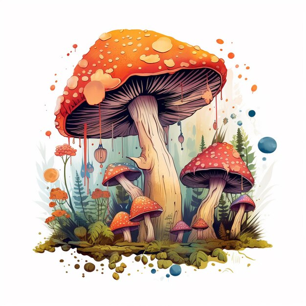 Une illustration colorée d'un champignon et un champignon