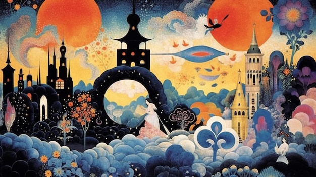 Une illustration colorée d'un château et d'un couple dans le ciel.