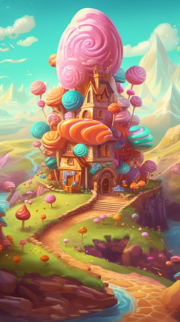 Une illustration colorée d'un château avec une maison de bonbons sur le dessus.