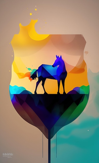 Une illustration colorée d'un cheval et de montagnes.