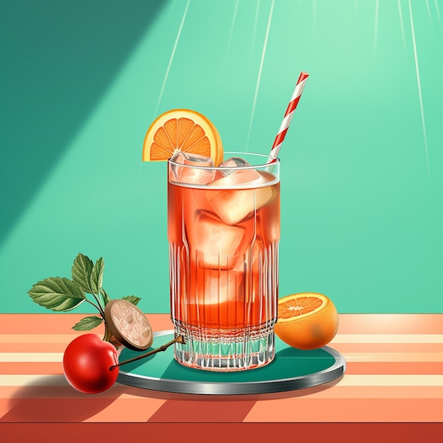 Une illustration colorée d'un cocktail avec une paille rayée rouge et blanche.