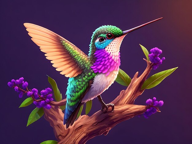 Illustration colorée d'un colibri volant dans la branche de l'arbre au-dessus de la mascotte de l'illustration du logo de la fleur