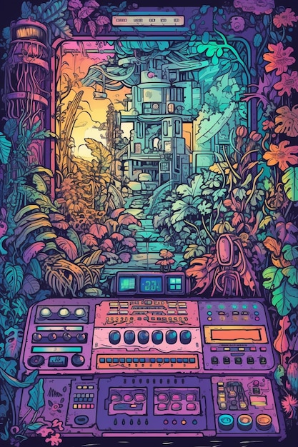 Une illustration colorée d'une console DJ dans une jungle.