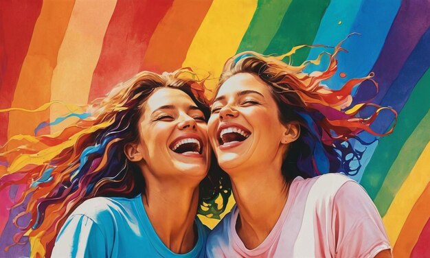 Photo illustration colorée d'un couple lgbtq joyeux deux lesbiennes qui rient avec un drapeau arc-en-ciel mois de la fierté