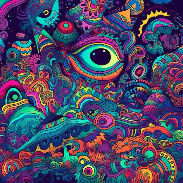 Une illustration colorée d'une créature psychédélique avec un fond noir.