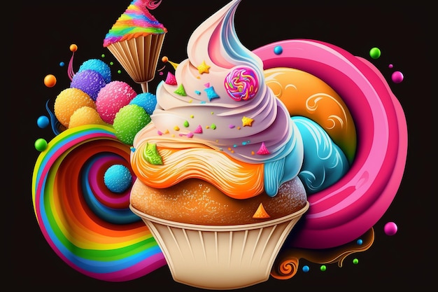 Une illustration colorée d'un cupcake avec un arc-en-ciel dessus.