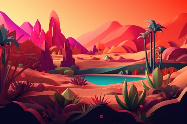 Une illustration colorée d'un désert avec des montagnes et des arbres.