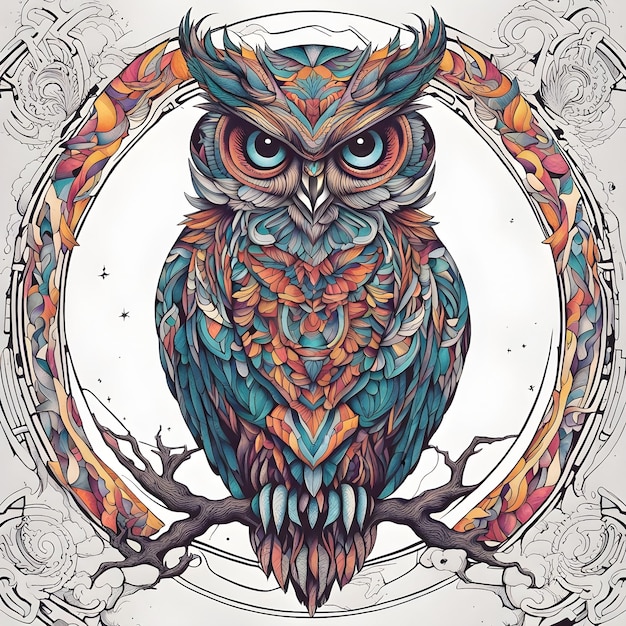 Illustration colorée avec des détails fins d'un hibou aux yeux perçants assis sur une conception de tatouage de branche