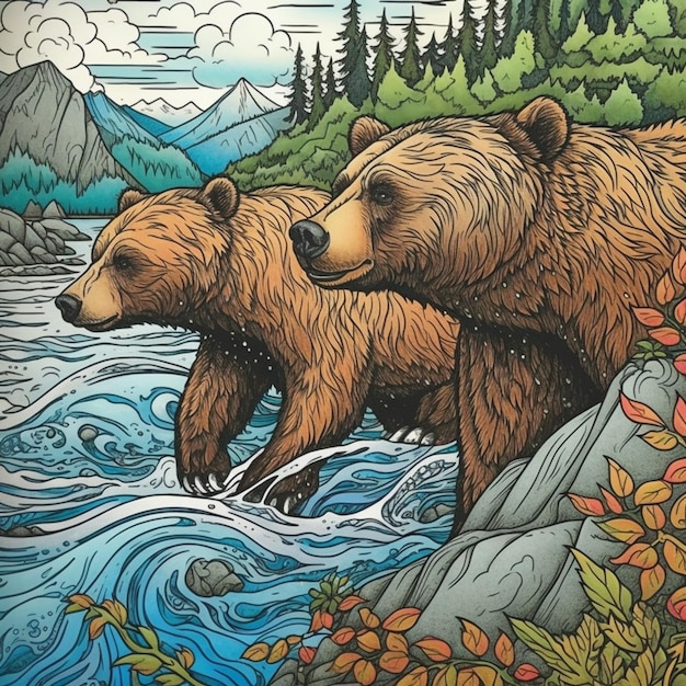 Une illustration colorée de deux ours dans une rivière.