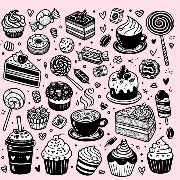 illustration colorée de doodle de café de gâteau de bonbons sucrés mignons