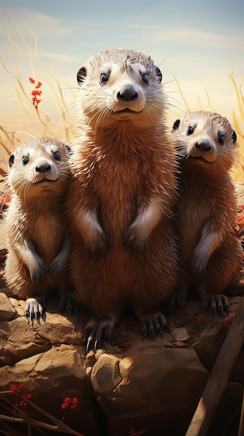 Illustration colorée du trio de marmottes