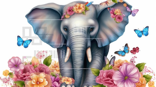 Une illustration colorée d'un éléphant avec des fleurs et des papillons.