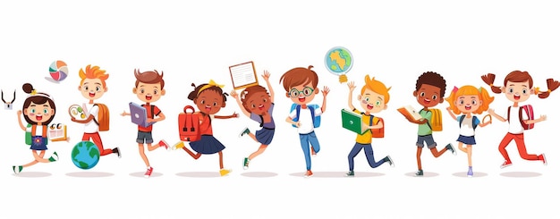 Illustration colorée d'enfants divers avec des fournitures scolaires célébrant l'éducation