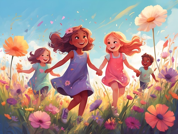 Illustration colorée d'enfants de fleurs jouant dans une prairie ensoleillée expressions joyeuses fleur vibrante