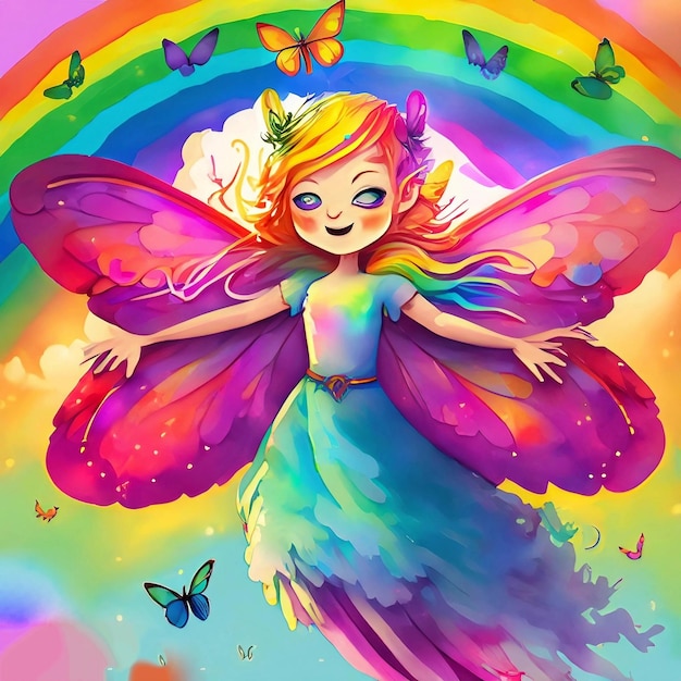 Une illustration colorée d'une fée avec des papillons et un arc-en-ciel.