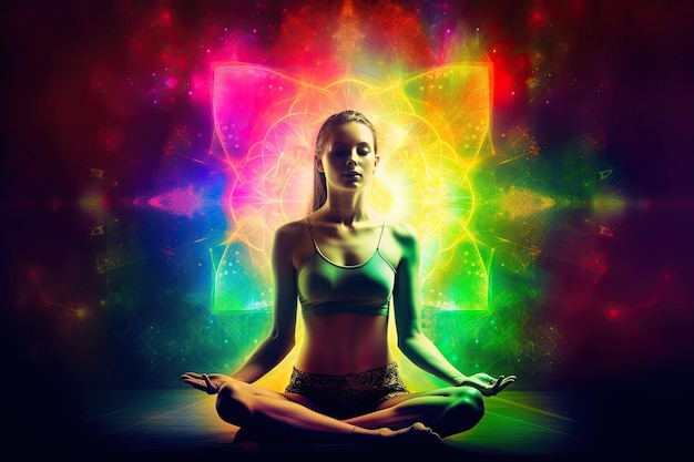 Illustration colorée d'une femme assise en posture de lotus Méditation avec des chakras lumineux
