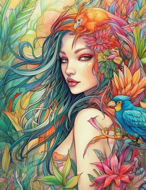 Une illustration colorée d'une femme aux cheveux bleus et un oiseau sur son dos.