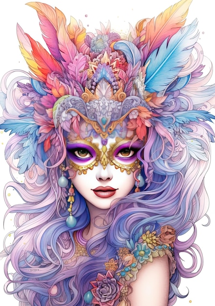 une illustration colorée d'une femme avec un masque et des plumes colorés