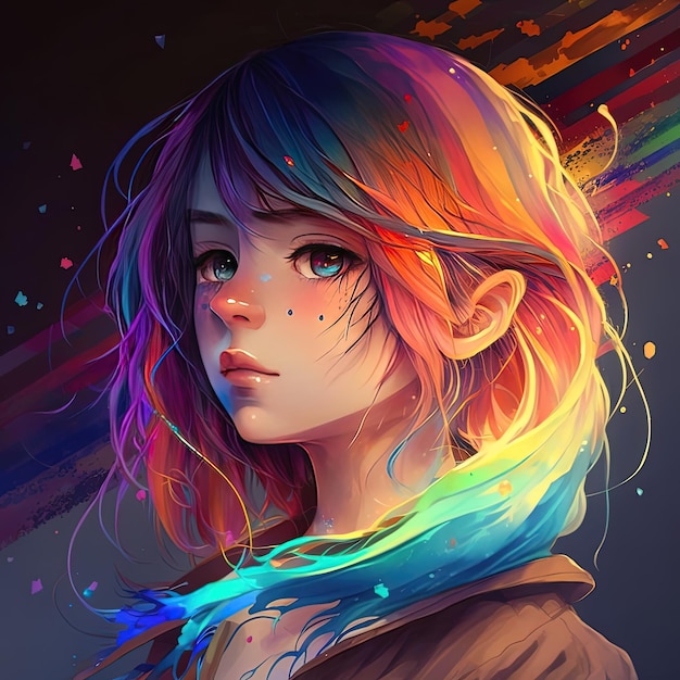 Une illustration colorée d'une fille avec le mot arc-en-ciel dessus