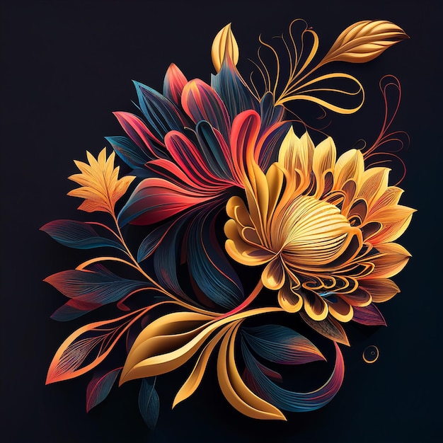Une illustration colorée d'une fleur avec un fond noir.