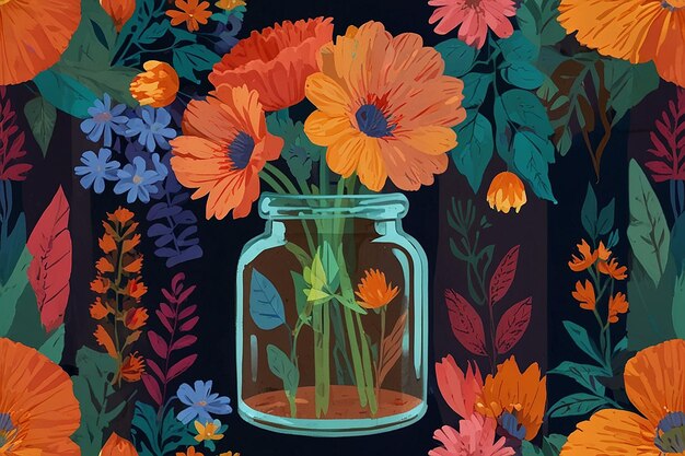 Une illustration colorée de fleurs dans un pot en verre