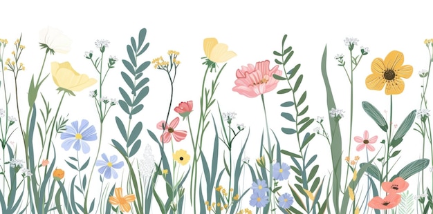 Une illustration colorée de fleurs sauvages à différentes hauteurs sur un fond blanc mettant en valeur la beauté et la diversité de la nature dans le design floral