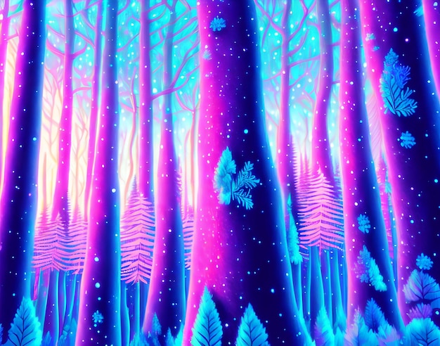 Une illustration colorée d'une forêt avec un arbre au milieu et un fond violet avec des étoiles.