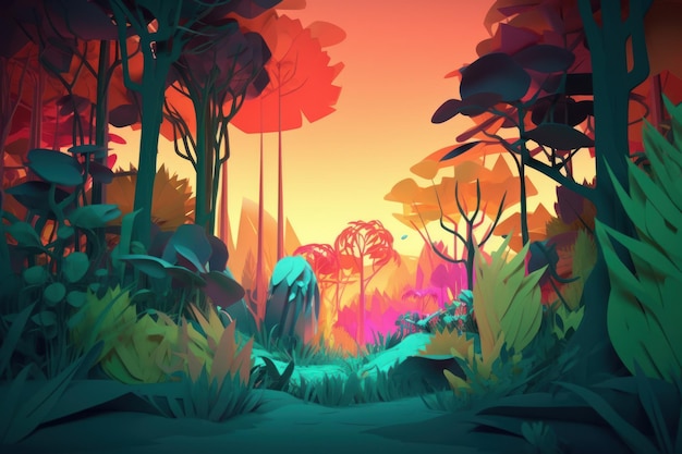 Une illustration colorée d'une forêt avec un arbre au milieu.