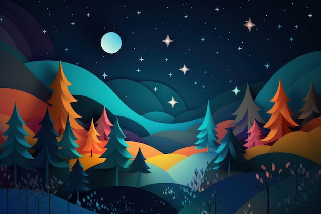 Une illustration colorée d'une forêt avec la lune en arrière-plan.