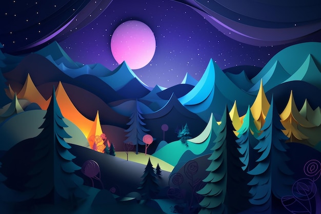 Photo une illustration colorée d'une forêt avec une lune et des étoiles.