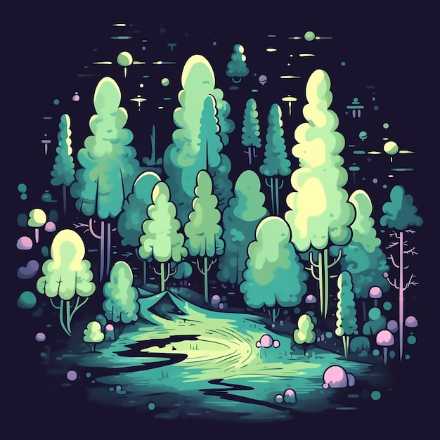 Une illustration colorée d'une forêt avec une route et une rivière au milieu.