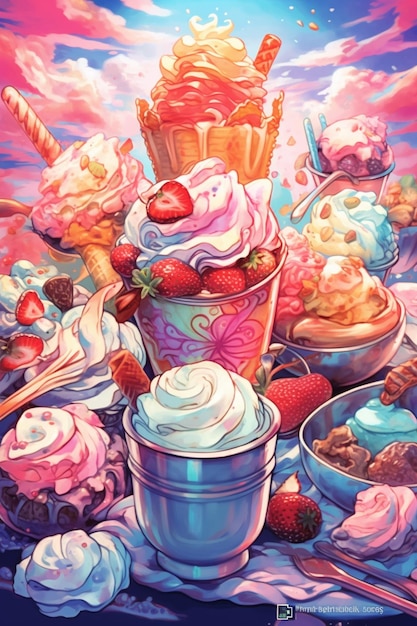 Une illustration colorée de glaces et de fraises.