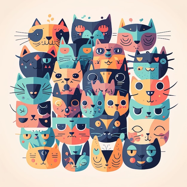 Une illustration colorée d'un groupe de chats.