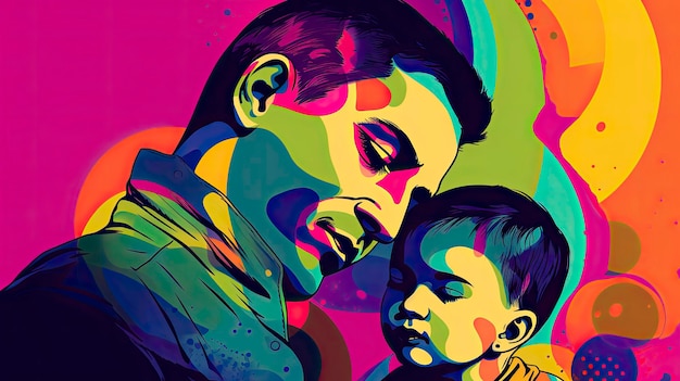 Une illustration colorée d'un homme et de son bébé