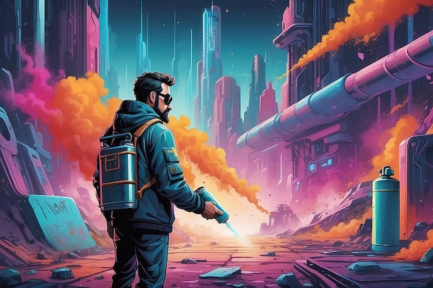 illustration colorée d'un homme avec un spraycan dans une zone futuriste