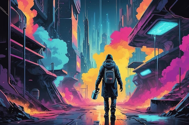 illustration colorée d'un homme avec un spraycan dans une zone futuriste