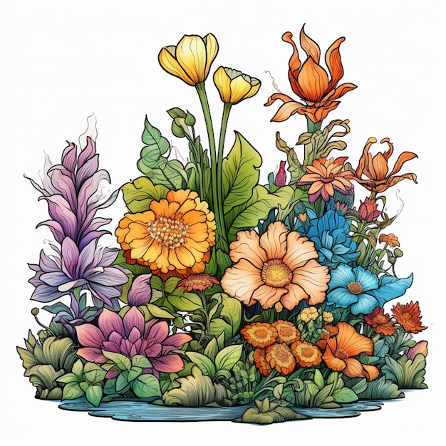 Une illustration colorée d'un jardin fleuri.