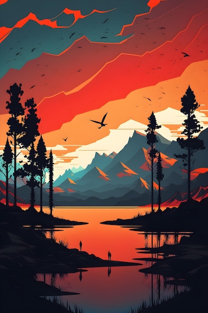 Une illustration colorée d'un lac avec des montagnes et des arbres en arrière-plan.