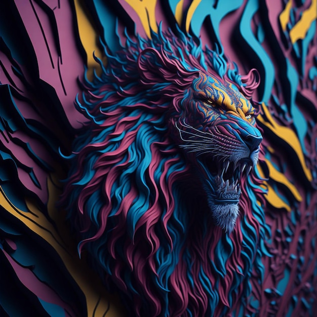 Une illustration colorée d'un lion avec un visage bleu et une tête de lion noire.